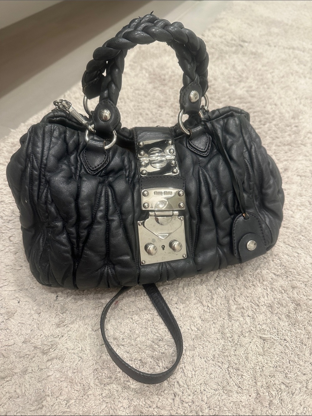 Miu Miu Black Ruched Leather Satchel with Braided Handles